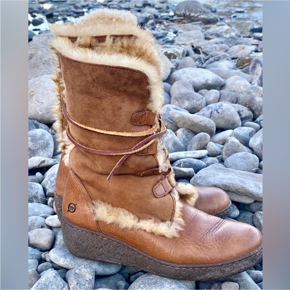 Børn Shearling Lined Leather Lace Up Boots Womens Size 7 Brown Cozy Boho - Picture 13 of 14